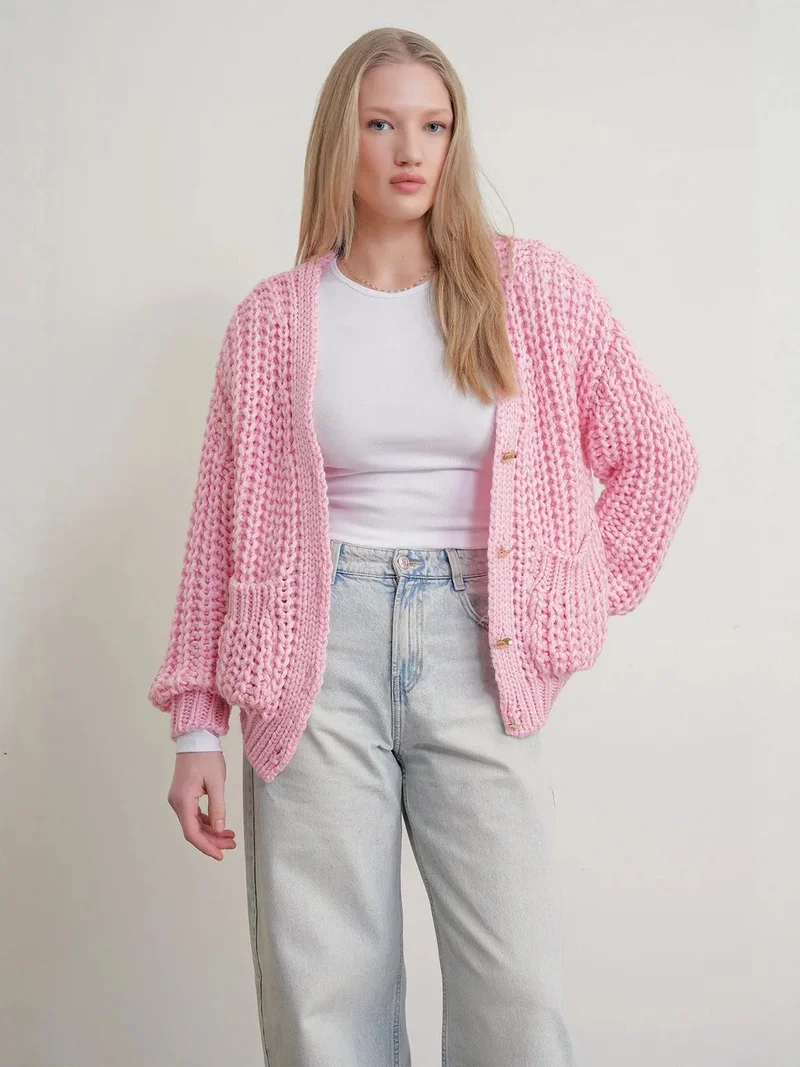 ميكسراي MIXRAY Oversized Ribbed Knit Cardigan with V-Neck and Pockets